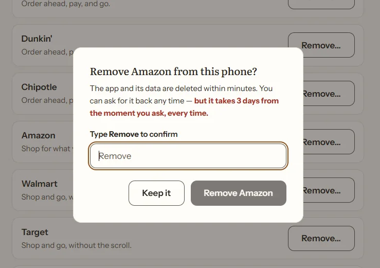 The Kala Phone account asking to confirm removing an app from the phone, noting the app and its data are deleted within minutes and that asking for it back takes three days.